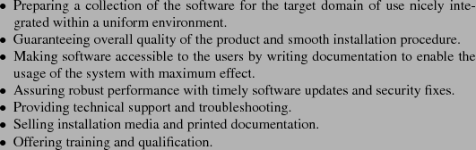 \begin{itemize*}
\item Preparing a collection of the software for the target do...
...rinted documentation.
\item Offering training and qualification.
\end{itemize*}